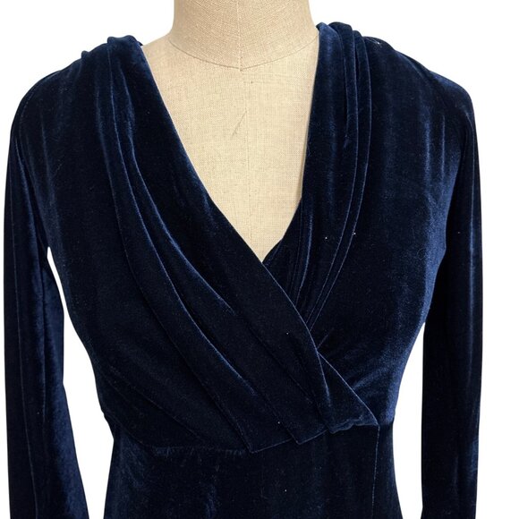 Collectif Vintage Navy Lexie Velvet Maxi Dress L UK 14 Long Sleeve Draped V-Neck - Picture 4 of 13